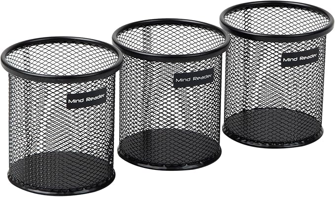 Mind Reader Pen and Accessories Holder, Desktop Organizer, Office, Metal Mesh, 3.5"L x 3.5"W x 3.75"H, Set of 3, Black