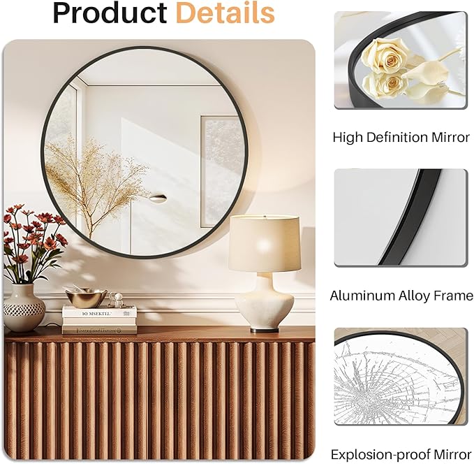 Bathroom Mirror for Wall, 30 Inch Round Mirror, Matte Black Metal Framed Circle Vanity Mirror for Bathroom Bedroom Living Room Entryway, Anti-Rust, Tempered Glass, Hanging or Leaning