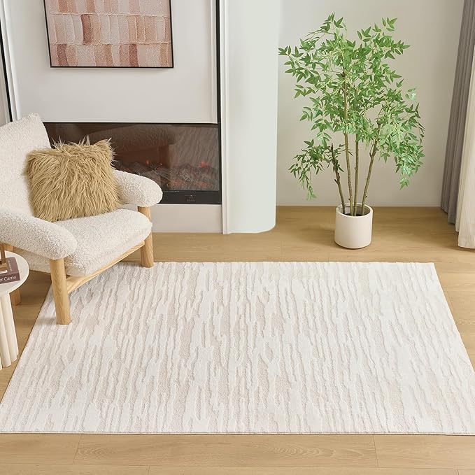 Textured High-Low Striped Area Rug for Living Room Bedroom, Modern, Wabi-Sabi, Minimalist, Japandi, Neutrel, Washable Soft Cozy 5 * 7 feet