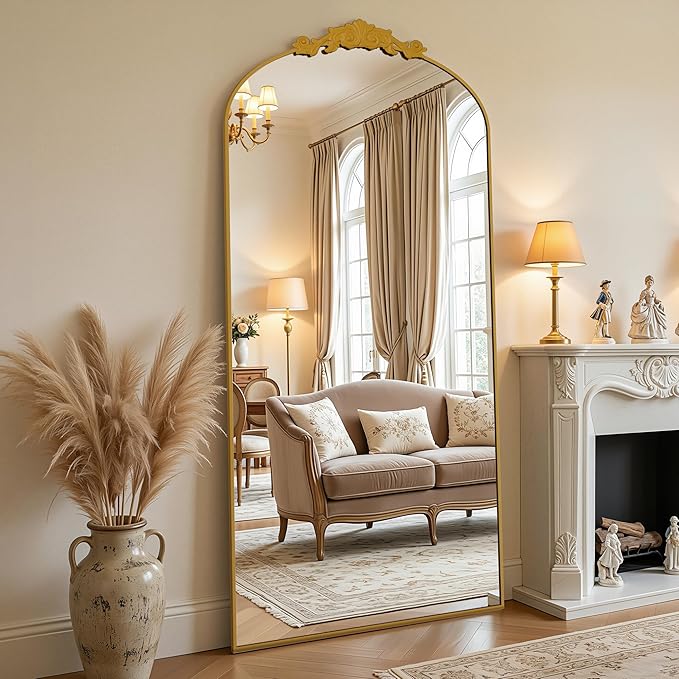 Vintage Full Length Mirror,76"x34" Arched Antique Floor Mirror with Carved Metal Frame,Large Standing Wall Mounted or Leaning Mirror for Bedroom Living Room Entryway,Gold