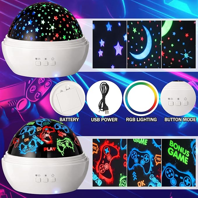 Lewtemi Gaming Room Decor Night Light for Boys 2 in 1 Game Controller Projector Lamp with 360° Rotating Ceiling Starry Sky Game Projection LED Nightlight for Kids Gaming Room, Two Ways to Charge
