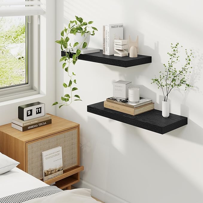 Fun Memories 24 Inch Floating Shelves, 9.3 Inch Deep Rustic Wall Shelves - Extra Deeper Wall Mounted Storage Shelves for Bathroom, Kitchen, Living Room (Black, Set of 2)