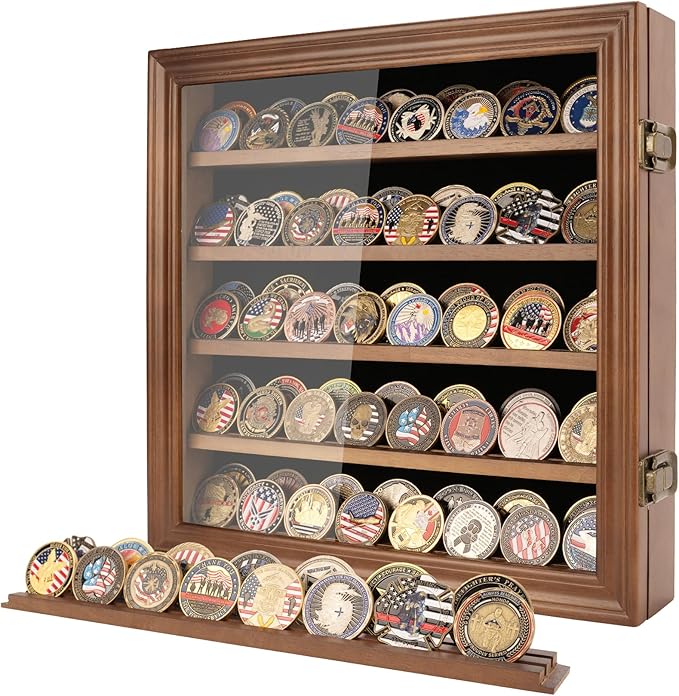 Military Challenge Coin Display Case Holder with HD Toughened Glass and Wall Mount, Wooden Coin Stand Rack with Removable 2 Grooves Shelves, Walnut…