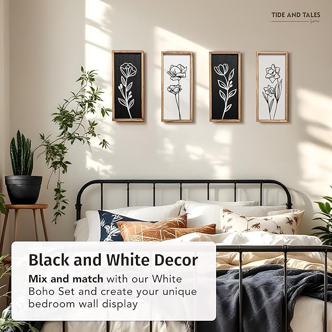 3D Vintage Black Living Room Decor (Set of 2) Lightweight, Wooden Ready-to-Hang Framed Moody Floral Wall Art for Bathroom, Bedroom or Office - Dark Textured Boho Farmhouse Wall Decor - Gift-Boxed