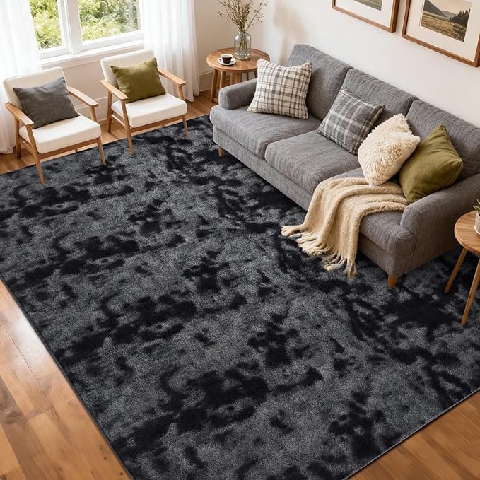 FinRèc 5x7 Washable Area Rugs for Bedroom Living Room, Low Pile Thin Ultra Soft Shag Rug, Non-Slip Carpet Indoor for Home Decor (Tie-dye Dark Grey)