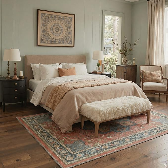 GENIMO 5x7 Area Rugs for Living Room, Machine Washable Rug, Non Slip Indoor Vintage Carpet, Low Pile Lightweight Chenille Print Carpet for Bedroom Dining Room Home Office, Dusty Terracotta