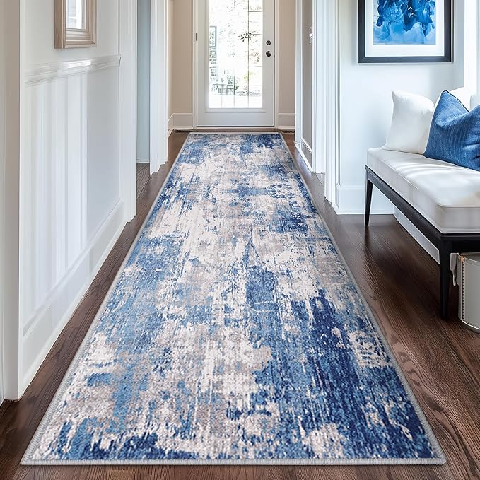 RELEANY Washable Area Rugs 2'x8' Non-Slip Modern Abstract Soft for Living Room Entryway Bedroom Nursery, Print Pattern, Blue Grey Navy Gray