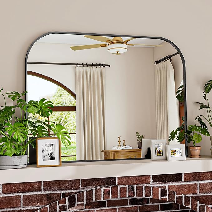 Black Arched Top Wall Mounted Mirror - 38 x 30 Inch Round Cruved Top Bathroom Vanity Mirror, Aluminum Metal Framed, Home Decor for Living Room, Bedroom, Fireplace, Mantle, Entryway