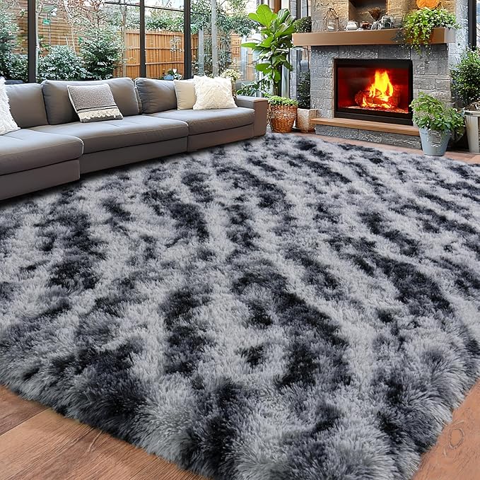 Area Rugs 9x12 for Living Room, Ultra Soft Fluffy Rugs for Bedroom, Non-Slip Furry Large Rug for Teen Girls and Boys,Nursery Kid Room Dorm Home Decor, High Pile Plush Floor Carpet, Tie Dyed Stripes