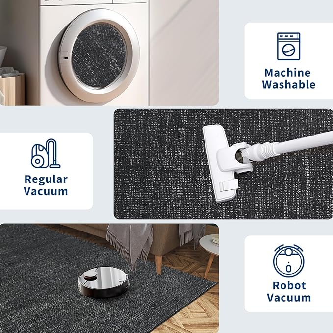 Area Rug 4x6 Washable Bedroom Rugs Non Slip Modern Solid Color Large Living Room Throw Carpet Low Pile Minimalist Kitchen Rug Plain Accent Rug Mat Classic Boho Area Rugs for Nursery Entryway, Black