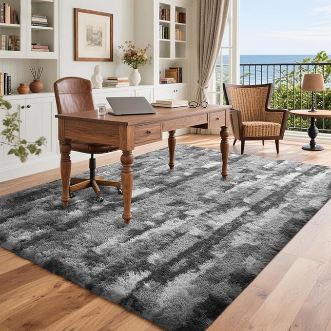 5x7 Feet Area Rugs for Living Room, Grey and White Plush Fluffy Shaggy Bedroom Rugs Non-Slip, Ultra Soft Carpet for Nursery Kids PlayRoom Dorm Office Indoor