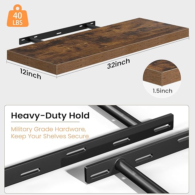 12 Inch Deep Floating Shelves, 32W x 12D Floating Shelf for Books, Rustic Wood Deep Wall Shelves for Home Storage & Display, 1.5" Thicked Shelves for Kitchen, Living Room, Bedroom, Brown, 2 Pack