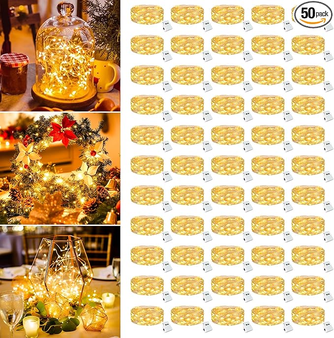 50 Pack Fairy Lights Battery Operated - 7ft 20 Led Small Twinkle Lights 3 Modes, Bulk Mini String Lights Waterproof for Mason Jars Vases Crafts Party Wedding Decoration Christmas -Warm White
