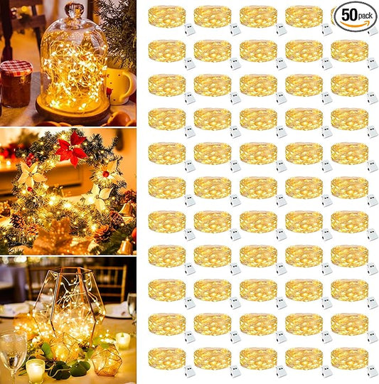 50 Pack Fairy Lights Battery Operated - 7ft 20 Led Small Twinkle Lights 3 Modes, Bulk Mini String Lights Waterproof for Mason Jars Vases Crafts Party Wedding Decoration Christmas -Warm White