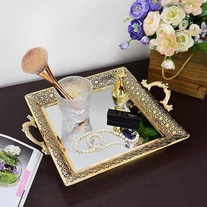Mirrored Tray with Handles Home Decor Vanity Tray for Dresser Make Up Jewelry Organizer Perfume Decorative Serving Glass Mirror Gold