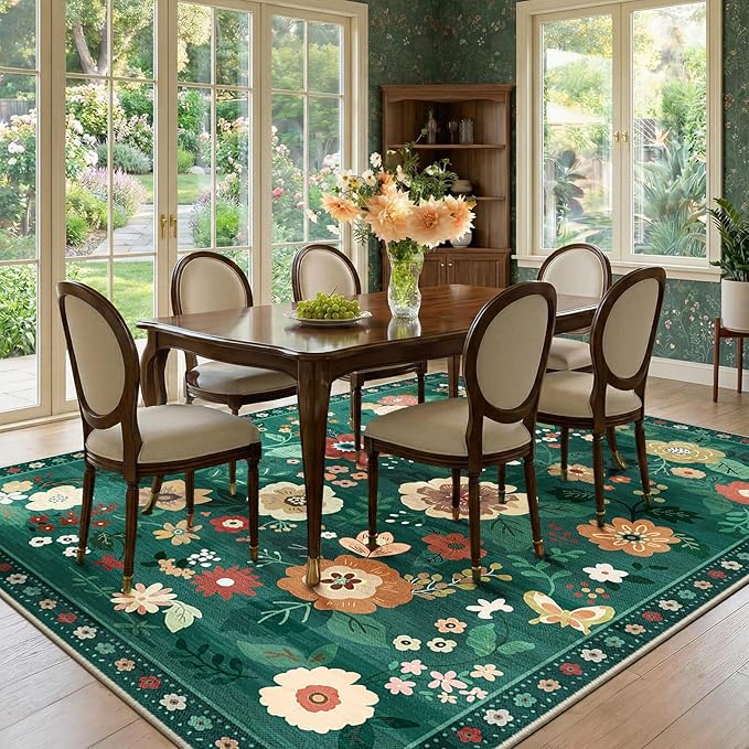 RELEANY Floral Nursery 8x10 Area Rugs Washable Print Boho Cute Carpet Non Slip Flower Low Pile for Living Room Kids Girls Playroom Bedroom Kitchen Office Farmhouse-Dark Green