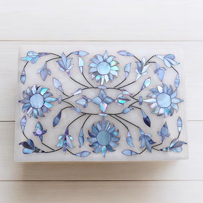Marble Jewelry Box with Floral Mother of Pearl Inlay 6x4"inch – Handmade Marble Keepsake Organizer for Jewelry & Makeup, Decorative Trinket Box, Ideal Anniversary & Housewarming Gift for Women