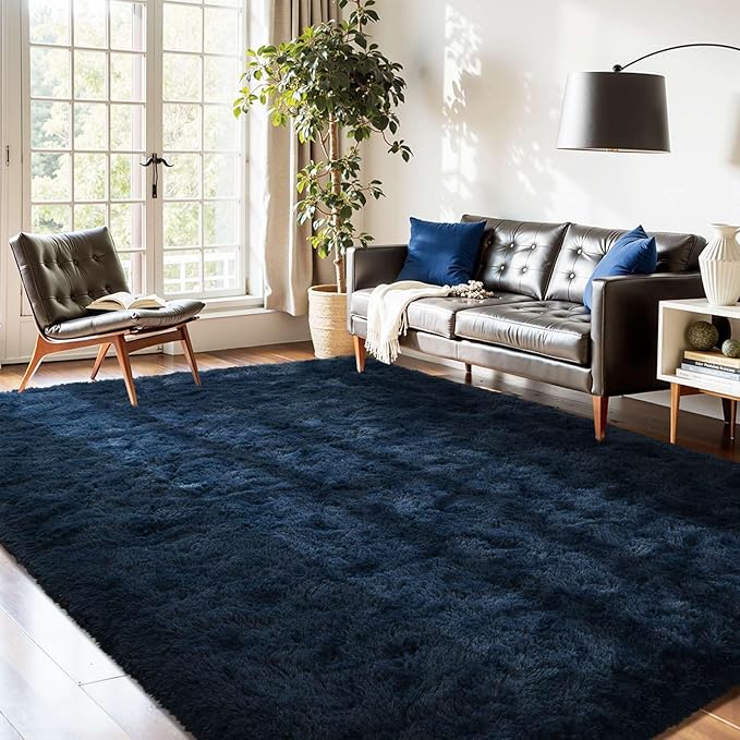 5x7 Fluffy Area Rug Blue Rugs for Living Room, Plush Soft Navy Blue Shag Carpet for Bedroom Boys Book Room Nursery Kids Playroom Dorm Decor