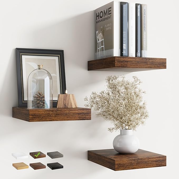 8 Inch Floating Shelves for Wall with Invisible Brackets Set of 3, 8"D Engineered Wood Wall Shelves with Wood Grain for Living Room, Bedroom, Bathroom, Kitchen Decor and Storage, Rustic Brown