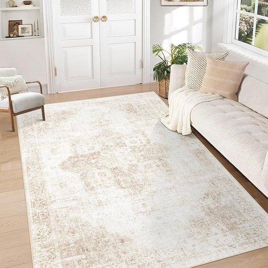 Area Rug 5x7 Washable Rug, Vintage Boho Medallion Rugs Non-Slip Soft Low Pile Large Distressed Rug Indoor Retro Carpet for Living Room Bedroom Dining Room Home Office (Beige, 5'x7')
