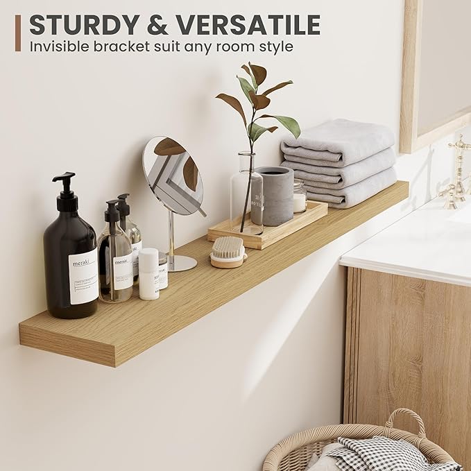 Acovy 24 Inch Floating Shelves, 8 Inch Deep Floating Shelves for Wall, Hanging Shelf with Invisible Brackets, Deep Shelves for Bathroom, Bedroom, Living Room, Oak, Set of 2