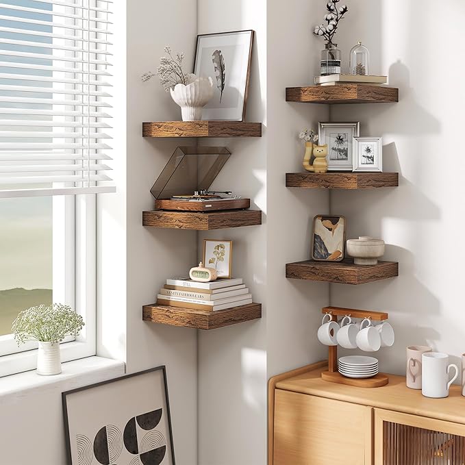 Fun Memories Floating Shelves for Wall - 10" x 10" Wood Shelf with Invisible Bracket - Deep Floating Shelves - 10 Inch Shelf Wall-Mounted for Living Room & Bathroom - Rustic Brown - Set of 2