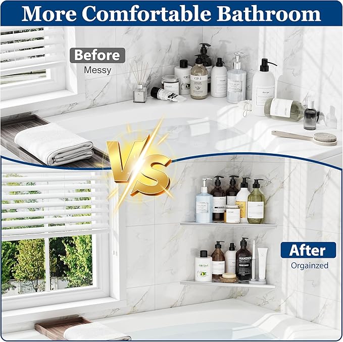 Qeke Corner Shower Shelves, 12” Recessed Tile Shower Shelf, 304 Stainless Steel Grout in Corner Tile Shower Shelves, No Drilling, Brushed Nickel, 2 Pack