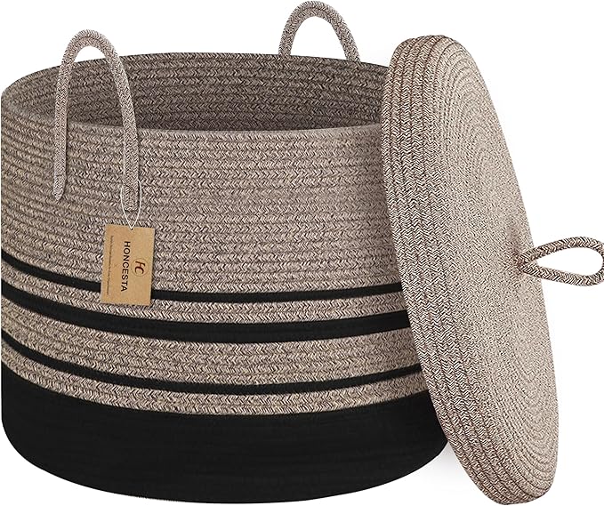 Extra Large Woven Basket with Lid, 18" X 14" Wicker Blanket Storage Basket Living Room, Tall Rope Storage Baskets for Toys, Decorative Kids Toy Bin Box with Cover, Baby Laundry Basket Hamper