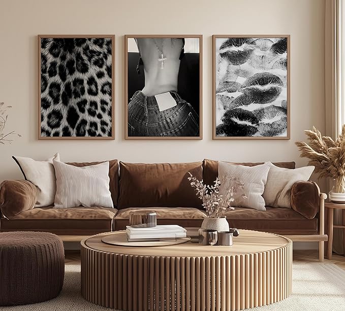 Set of 3 Fashion Chic Wall Art Kiss Lips Poster Leopard Picture Wall Decor Trendy Y2k Print Black and White Aesthetic Girly Room Decor for Bedroom Living Room Dorm Home Decoration Unframed 12"x16"