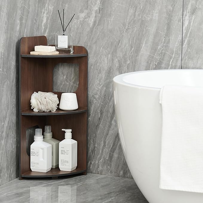 Corner Shelf, 3-Tier Storage Organizer, Bathroom Corner Organizer Perfect for Small Space, Waterproof Toilet Paper Stand (Walnut Wood)