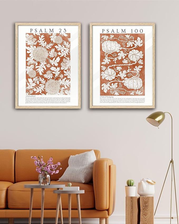 EcoHest Christian Bible Verse Framed Wall Art, Large 16x20 in OAK Wood A Psalm of David Canvas Wall Art, Psalm 23 Orange Faith Home Decor, Thanksgiving Scripture Set of 1 for Bedroom Living Room