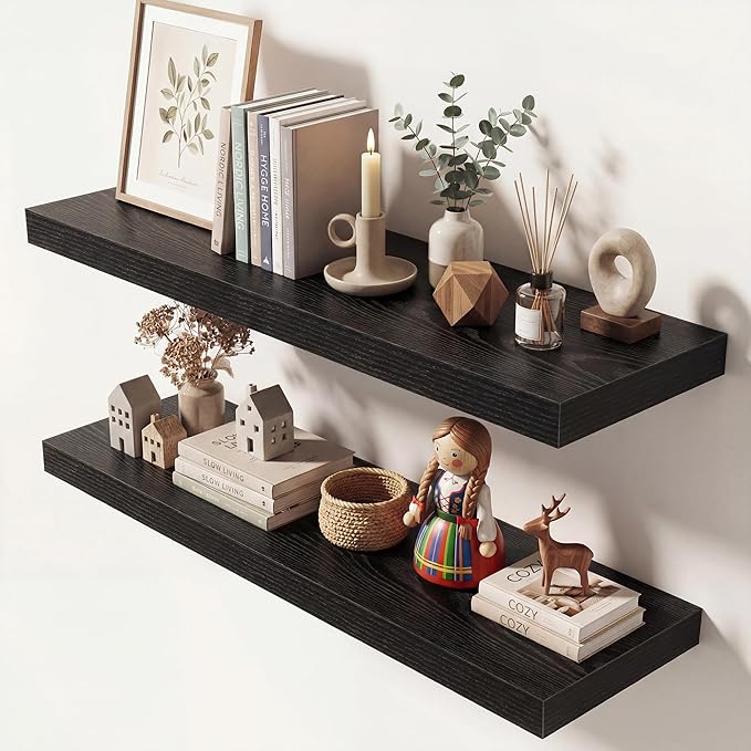 Dreamland 32 Inches Floating Shelves for Wall, 9.3" Deep Long Floating Shelves Set of 2, Large Display & Storage Shelf, Wall Shelf for Bathroom Bedroom Living Room Kitchen Office, Black