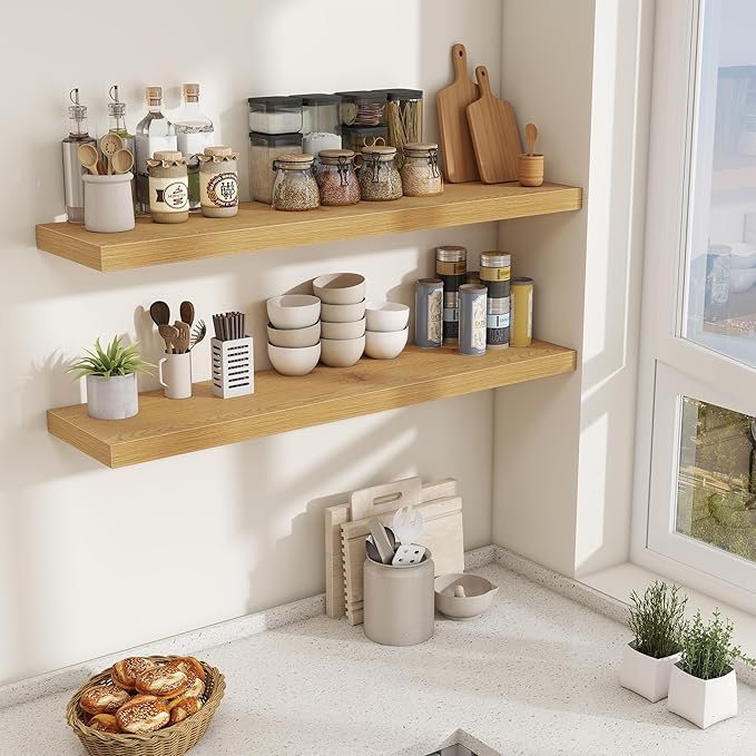 Fun Memories 48 Inch Floating Shelves for Wall - 10 Inch Deep Fireplace Mantel Shelf - Wood Floating Shelves for Wall - Large Storage Shelf Wall Mount for Living Room & Bedroom - Oak - Set of 1
