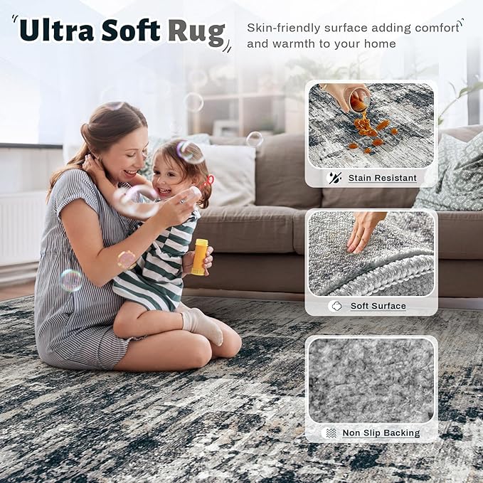 XLUEZ 9x12 Area Rug for Living Room, Washable Modern Abstract Large Area Rug Neutral Soft Non Slip Kids Rug Stain Resistant Indoor Carpet for Bedroom Dining Room Playroom Office(BlackGrey, 9'x12')