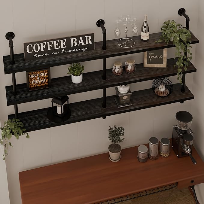 HDDFER Industrial Pipe Shelving Rustic Black Pipe Wall Shelves Industrial Shelves with Wood Planks Floating Shelves 60 Inch Farmhouse Bathroom,Kitchen Shelving Wall Mounted