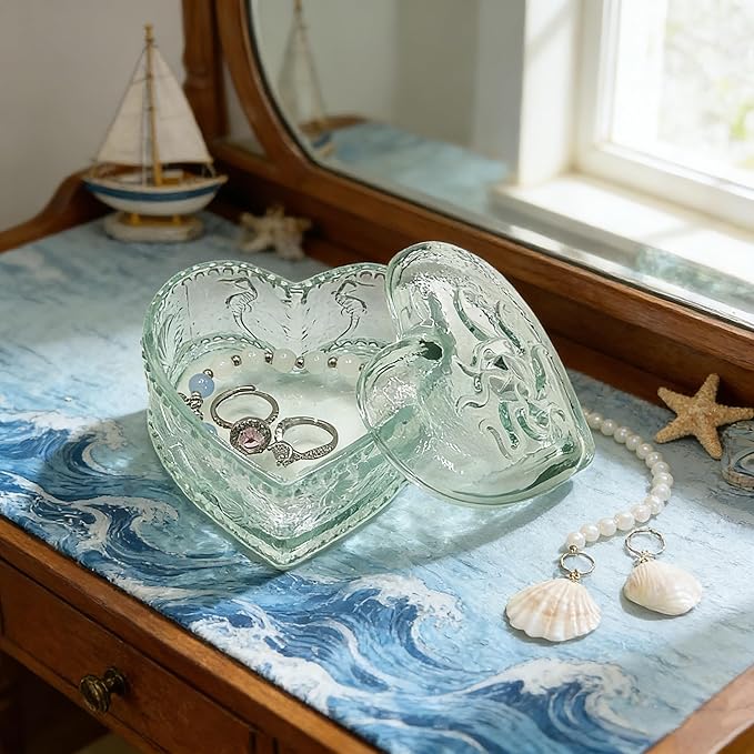 Glass Jewelry Box Heart Shape Cute Box for Storage Ring Earring Trinket Vintage Jewelry Organizer Decorative Gift for Women Girls-GRB021-Blue