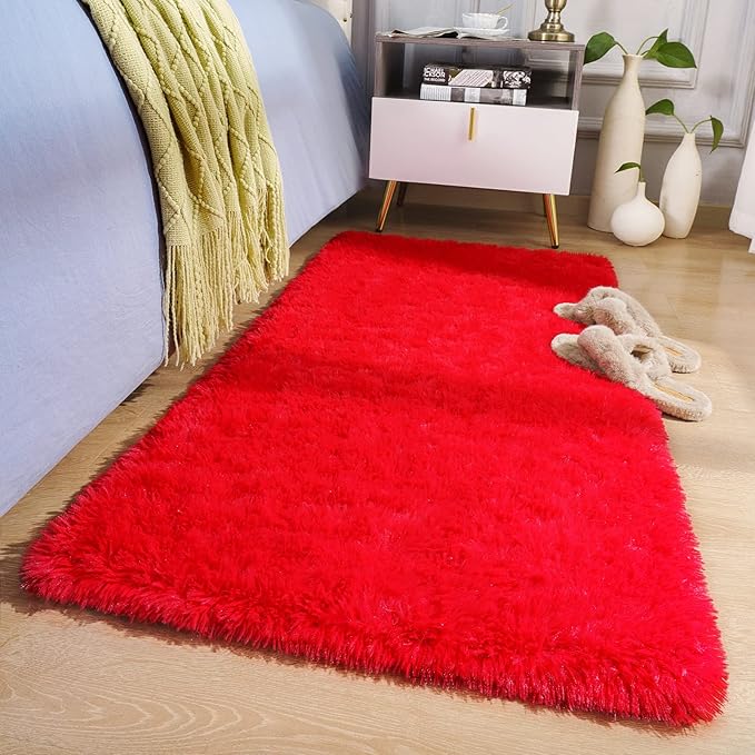 BENRON Fluffy Runner Rugs 2x4, Soft Long Runners for Bedroom Hallyway Entryway Kitchen, Washable Fuzzy Throw Rug for Kids Girls Room Decor Photo Prop, Red