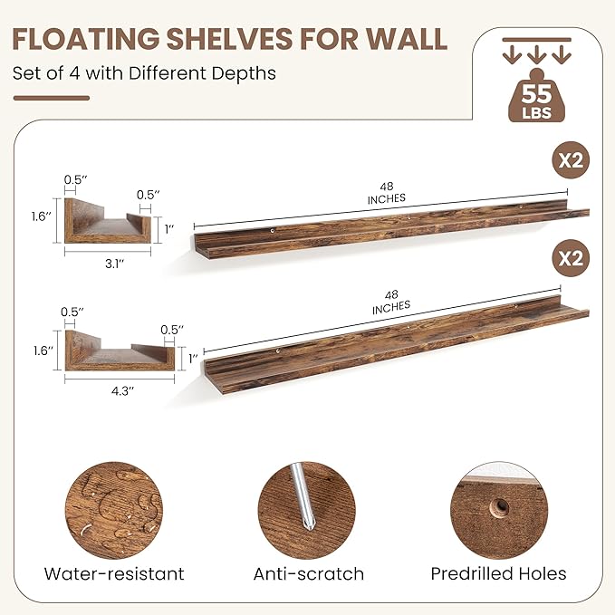 Fun Memories Picture Ledge Shelf, Floating Shelves Set of 4, 48 Inch Picture Shelves for Wall with Ledge, Large Nursery Book Shelf for Toys Storage, Living Room, Bedroom Decor Frames, Rustic Brown