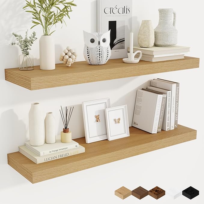 Fun Memories 36 Inch Floating Shelves, 9.3 Inch Deep Rustic Wall Shelves - Extra Deeper Wall Mounted Storage Shelves for Bathroom, Kitchen, Living Room (Oak, Set of 2)