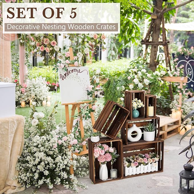 CroBlissful 6 Pcs Decorative Wood Crates for Storage Display Rustic Nesting Crates with Handle Farmhouse Wooden Storage Container Boxes for Wedding Baby Shower Birthday Party(Vintage Brown)