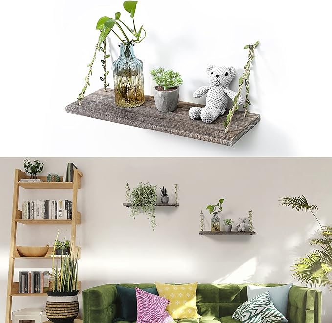 MITIME Leaf Rope Hanging Floating Shelves, Wall Swing Storage Shelf for Home Decor.17, 2-Pack (Retro Color)