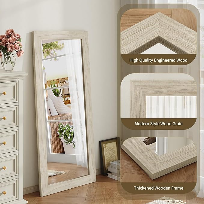 Syndra Modern Full Length Mirror Wood Frame, 56x20'' Large Floor Mirror with HD Tempered Glass & Wall Mount Option, Rectangular Standing Mirror for Bedroom, Living Room, Entryway, Farmhouse(White Oak)