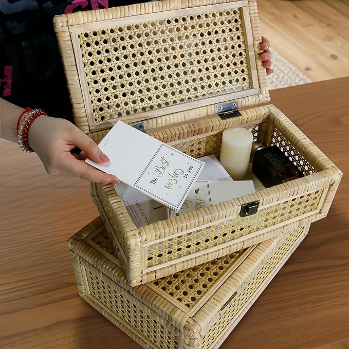Boho Rattan Display Boxes with Rattan Lids, 3 Pcs Large Natural Handwoven Cane Basket, Home Decor Organizers Storage Bins, Natural Finish Display Boxes