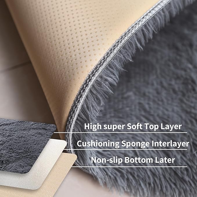 KICHOWUA 3x5 Grey Fluffy Shag Rug for Bedroom Soft Plush Fuzzy Washable Non Slip Carpet, Modern Floor Cozy Furry Shaggy Small Area Rug for Living Room, Kids Baby Boys Girls Nursery Dorm Room