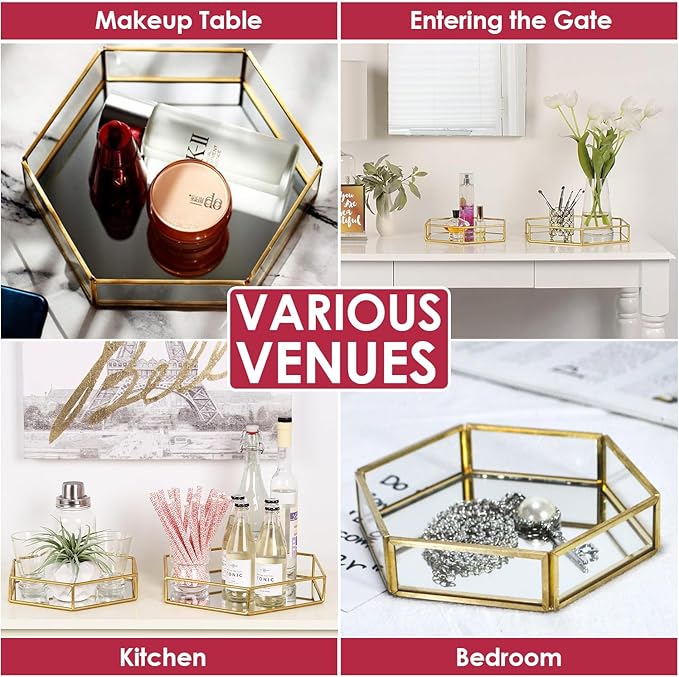 Hexagon Vintage Gold Mirror Glass Vanity Tray,Ornate Geometric and Brass Plated Display Storage Organizer for Makeup Brushes/Lipstick/Skincare/Perfumes/Beauty Room/Bathroom Accessories