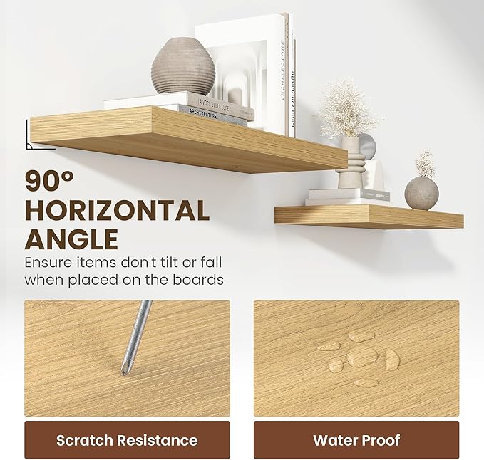 Acovy 24 Inch Floating Shelves, 12 Inch Deep Floating Shelves for Wall, Floating Shelf with Invisible Brackets, Deep Shelves for Bathroom, Bedroom, Living Room, 2 Pack, Natural