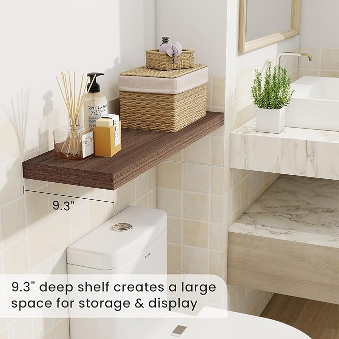 Fun Memories 9.3Inch Deep Floating Shelves for Wall, 30 Inch Rustic Wood Wall Mounted Shelves for Bathroom, Bedroom, Kitchen, Deep Floating Shelf for Storage & Home Decor (Walnut, Set of 2)