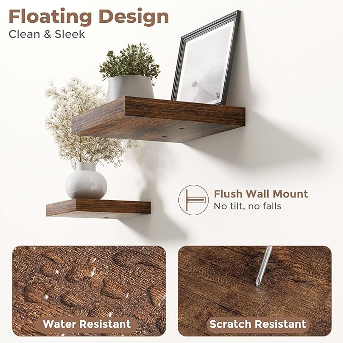 12 Inch Floating Shelves for Wall with Invisible Brackets Set of 3, 12"D Engineered Wood Wall Shelves with Wood Grain for Living Room, Bedroom, Bathroom, Kitchen Decor and Storage, Rustic Brown