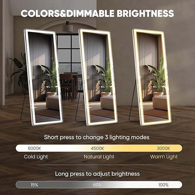 Mirror Full Length, Upgraded Body Wall Mirrors with Shatter-Proof Glass, Floor Standing, Hanging or Leaning, Tall Mirror with Stand Aluminum Alloy Frame for Bedroom