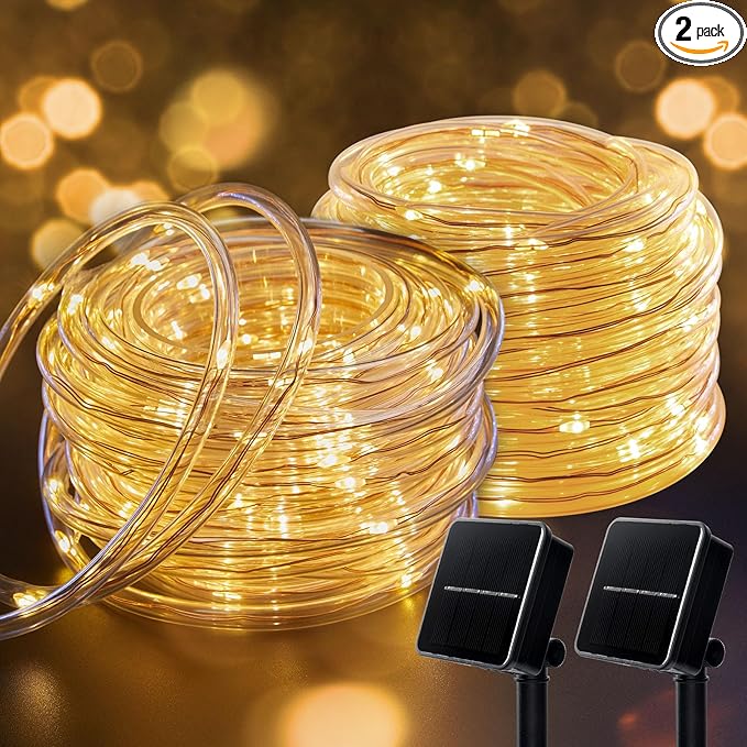 Brightown Solar String Lights Outdoor 2 Pack 72 Feet 200 LED Waterproof Solar Powered String Lights with 8 Lighting Modes, Waterproof Solar Rope Lights for Outside Christmas Party, Warm White
